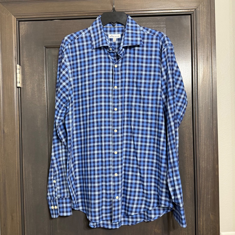 Peter Millar Mens Large Long Sleeve Gingham Check Button Down Shirt Blue